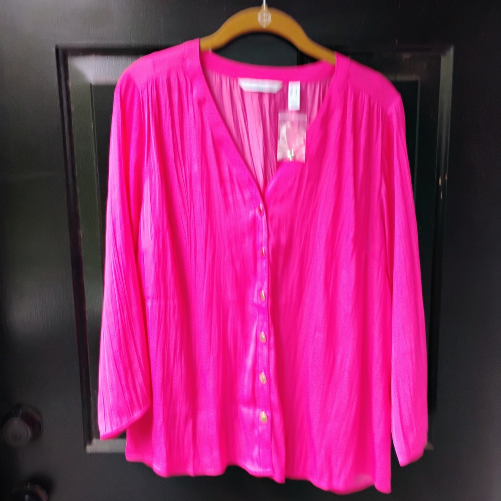 Isaac Mizrahi Flowy Crinkle Satin Button FrontBright Pink Blouse